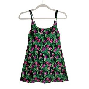 Dreamwave Womens Tropical Floral Palm Print Tankini Swim Top Black Pink Size 12